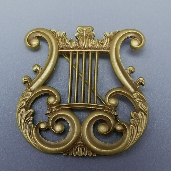Vintage Hermitage Harp Satin Gold Tone Brooch, Signed Lapel Pin, Estate - Picture 8 of 8